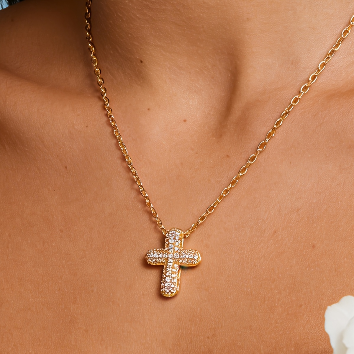 Women's Elegant Golden Copper Cross Pendant Necklace, Birthday Gift